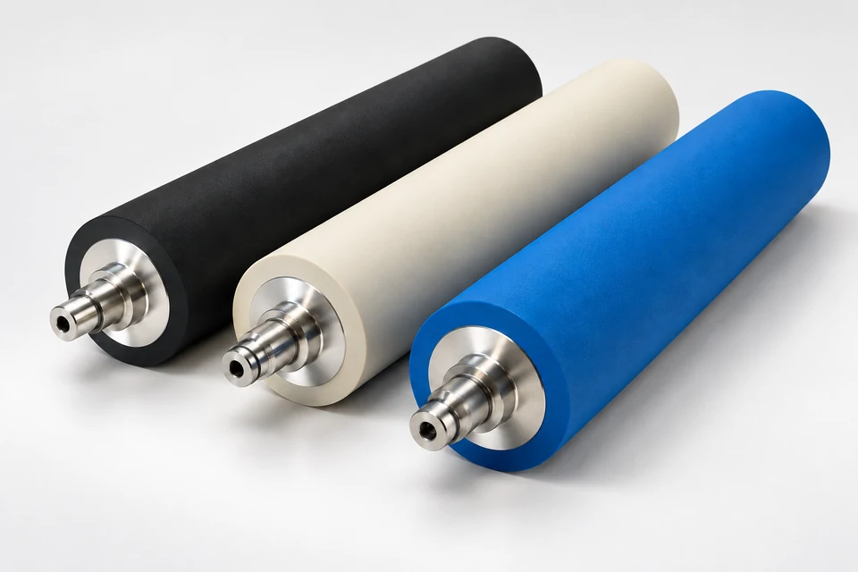 Illustrative black, cream, and blue anti-static rolls with polished steel shafts