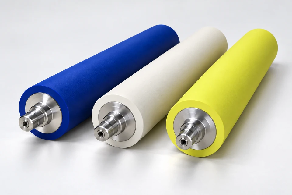 Illustrative blue, ivory, and yellow dust-removal rollers with polished steel ends