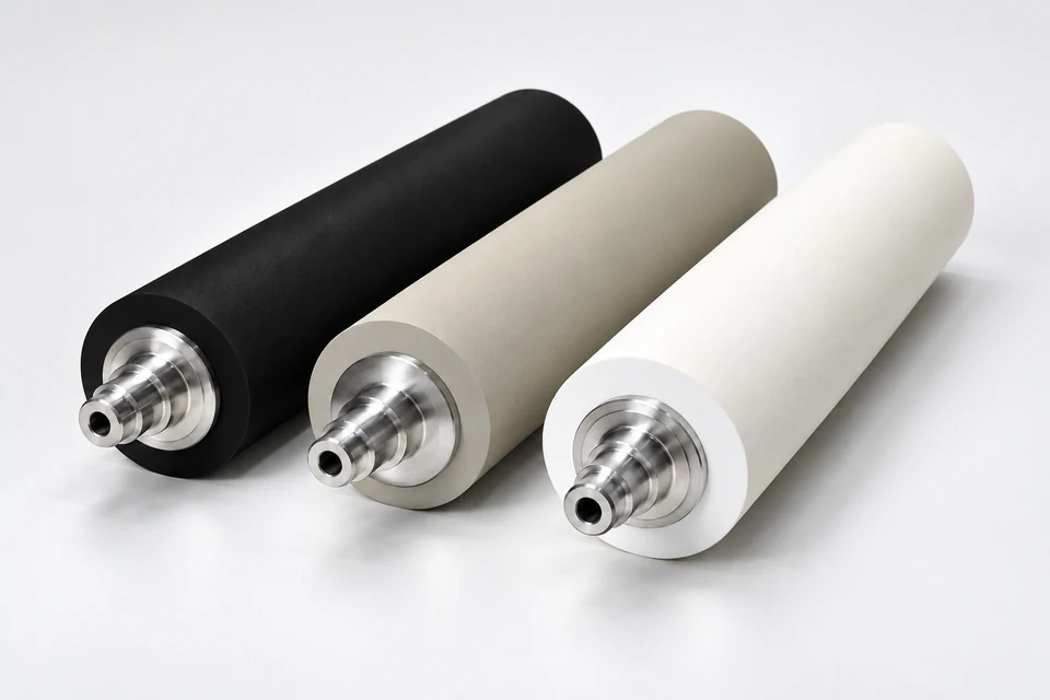 Illustrative black, gray, and ivory industrial rubber rolls with polished steel shafts