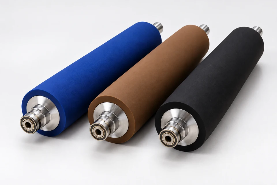 Illustrative blue, brown, and black printing rubber rollers with polished steel shafts